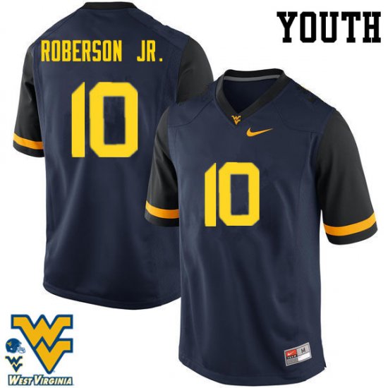 Youth West Virginia Mountaineers NCAA #10 Reggie Roberson Jr. Navy Authentic Nike Stitched College Football Jersey UV15E81AN